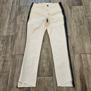 Pam & Gela Side Stripe Step Hem Jeans White Size 25 Cropped Raw Hem Lace Back